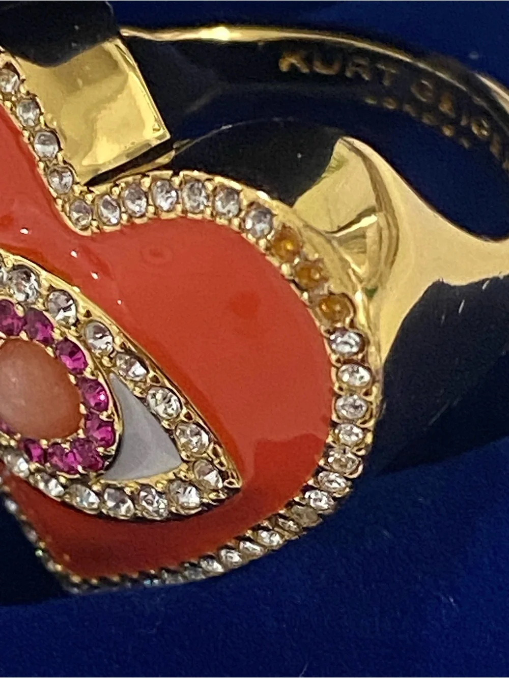 Kurt Geiger Evil Eye Heart Cocktail Ring Gold Tone Orange Enamel Size 7
